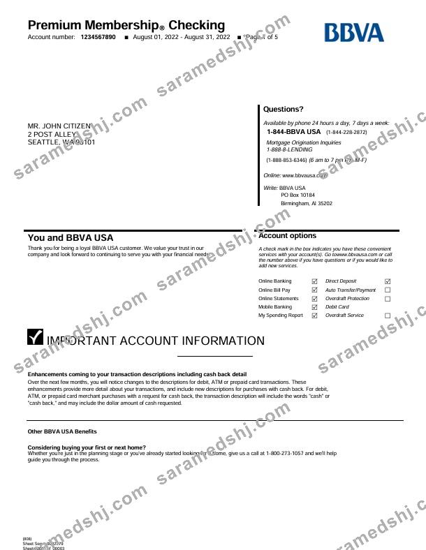 USA BBVA bank statement Word and PDF template, 5 pages